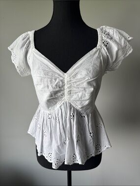 White Eyelet Ruched Peplum Top - Women